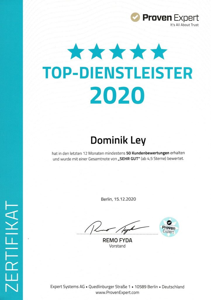 Proven Expert Dominik Ley Top Dienstleister 2020