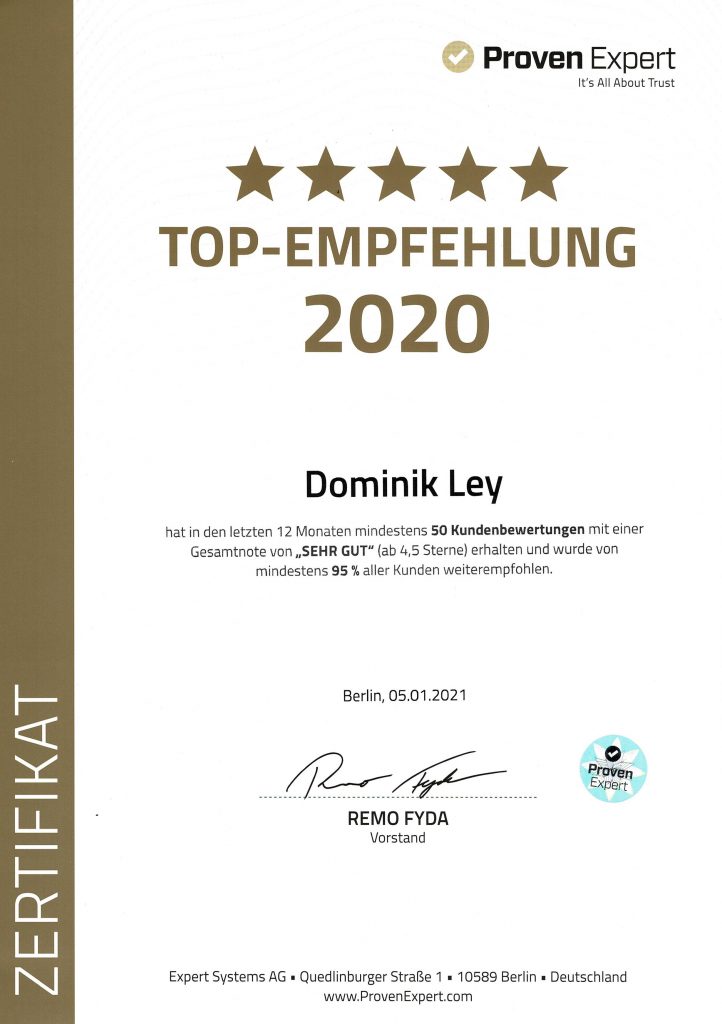 Proven Expert Top-Empfehlung 2020 für Dominik Ley
